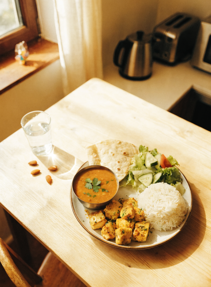 Healthy Indian meal plate with protein, veg and rice